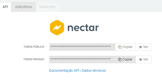 Interface do Nectar com ênfase para o campo Token Privado