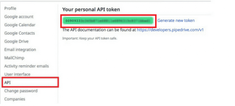 Aba API do Pipedrive para seleção do personal API token.